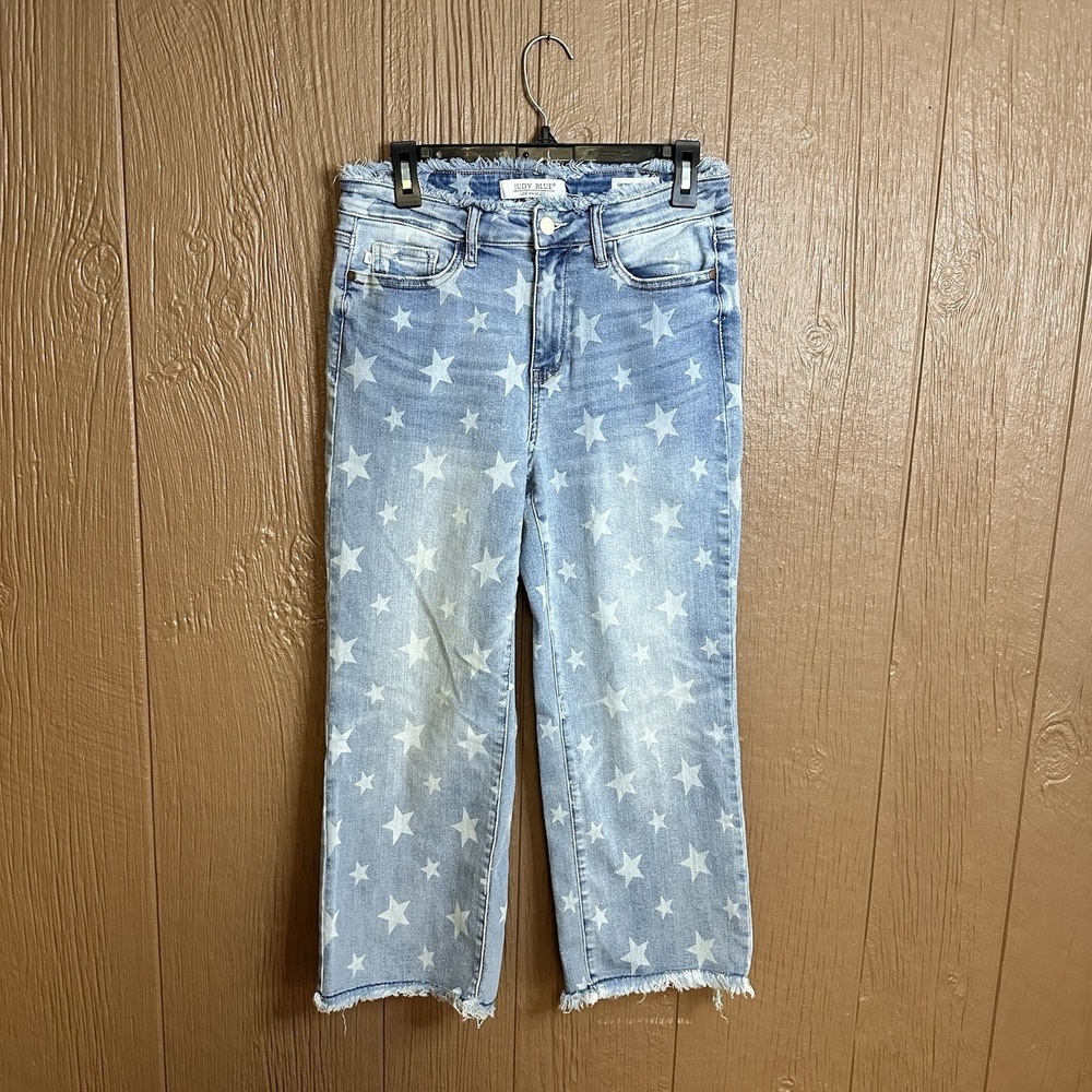 Judy Blue Cropped Straight Jeans Women's Size 7/28 Star Print Raw Hem Stretch